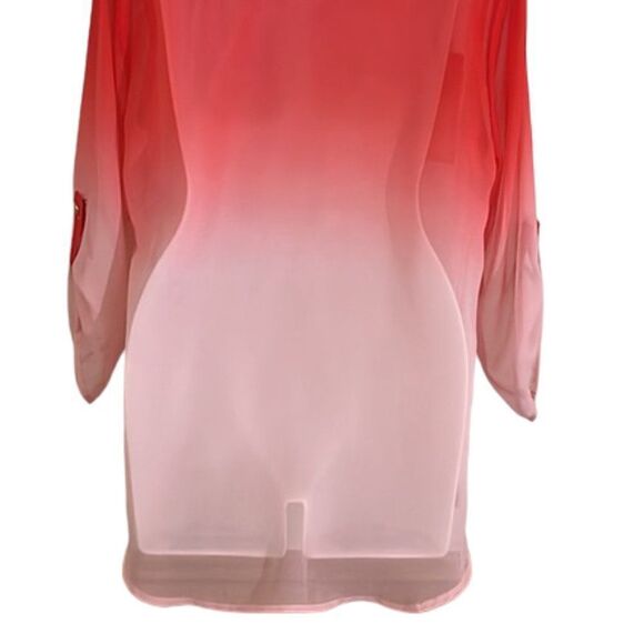 HALO Women's Ombré Dip Dye Button Tab Sleeve Sheer Blouse in Coral Size Medium - Picture 9 of 12